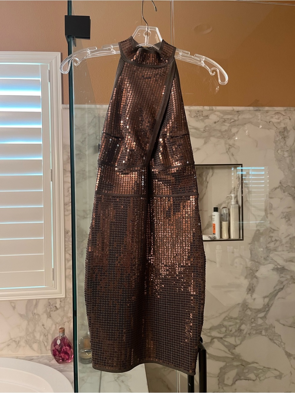 bebe Bronze green sequin mini bandage dress